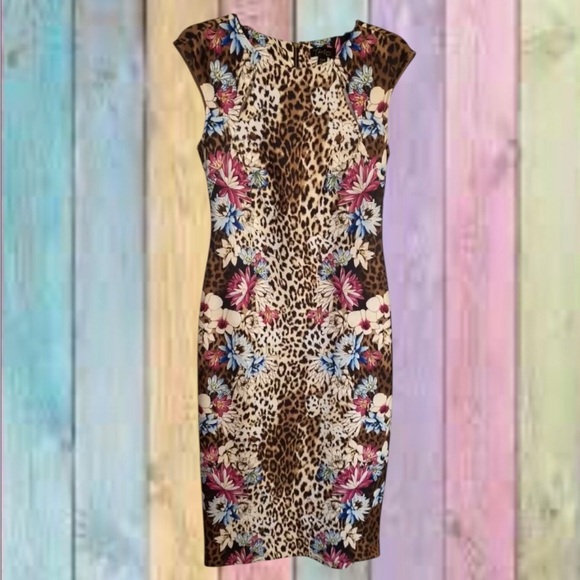Thalia Sodi Dresses & Skirts - Thalia Sodi Brown Leopard Floral Print Scuba Midi Sheath Dress